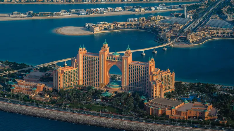 Aerial view of the Atlantis The Palm resort and the palm-shaped island in Dubai