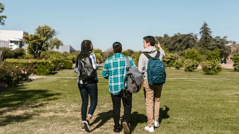 Three students with backpacks walking across a sunny campus lawn, seen from behind