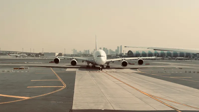 Large airliner on the apron at Dubai International Airport with the city skyline in the distance